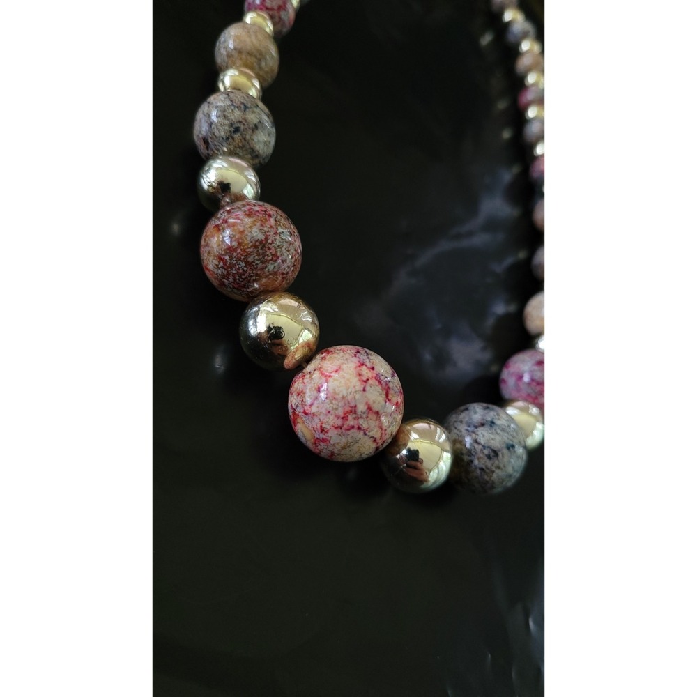 Chunky Pink Gray Marbled Bead Statement Necklace Silver Tone 17in